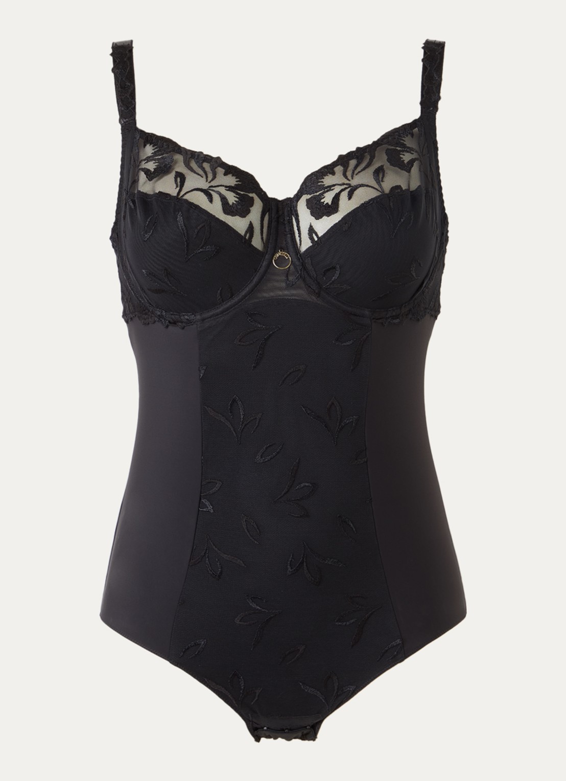 Chantelle Li body van mesh met borduring - voorkant zwart