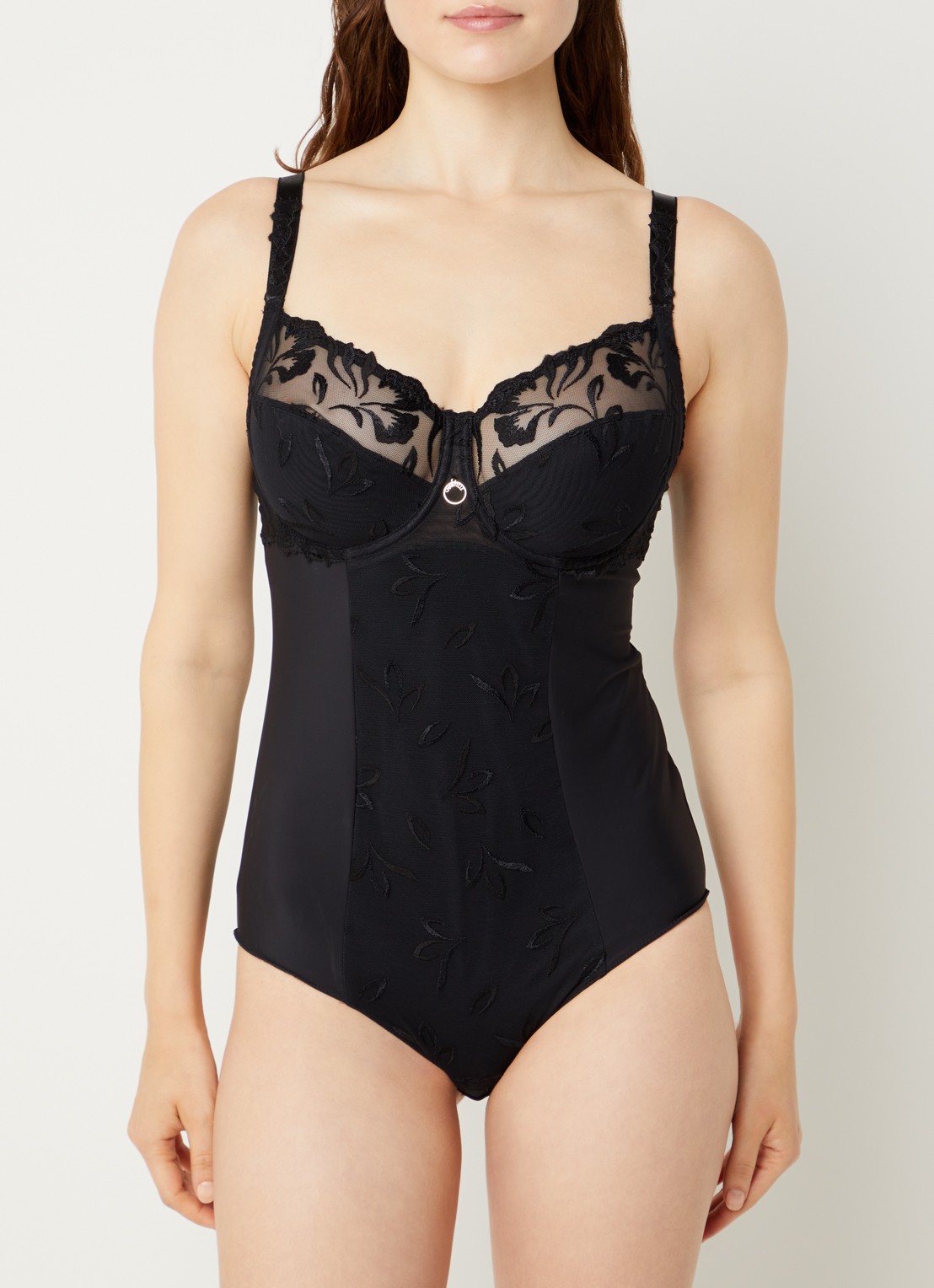 Chantelle Li body van mesh met borduring - voorkant 4 zwart