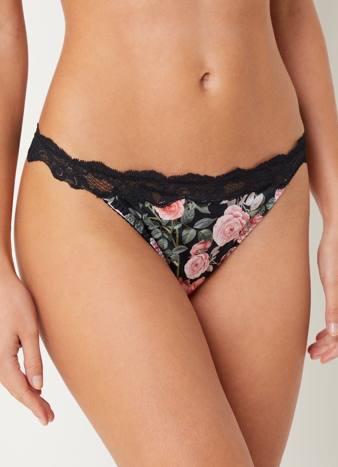 Chantelle Li On tanga van kant met bloemenprint - voorkant 5 zwart