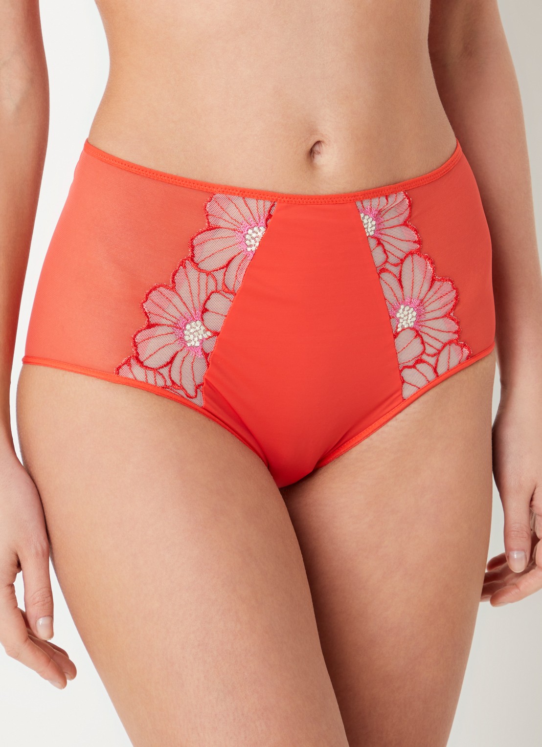 Chantelle Lush high waist slip van mesh met bloemborduring - voorkant 5 koraalrood