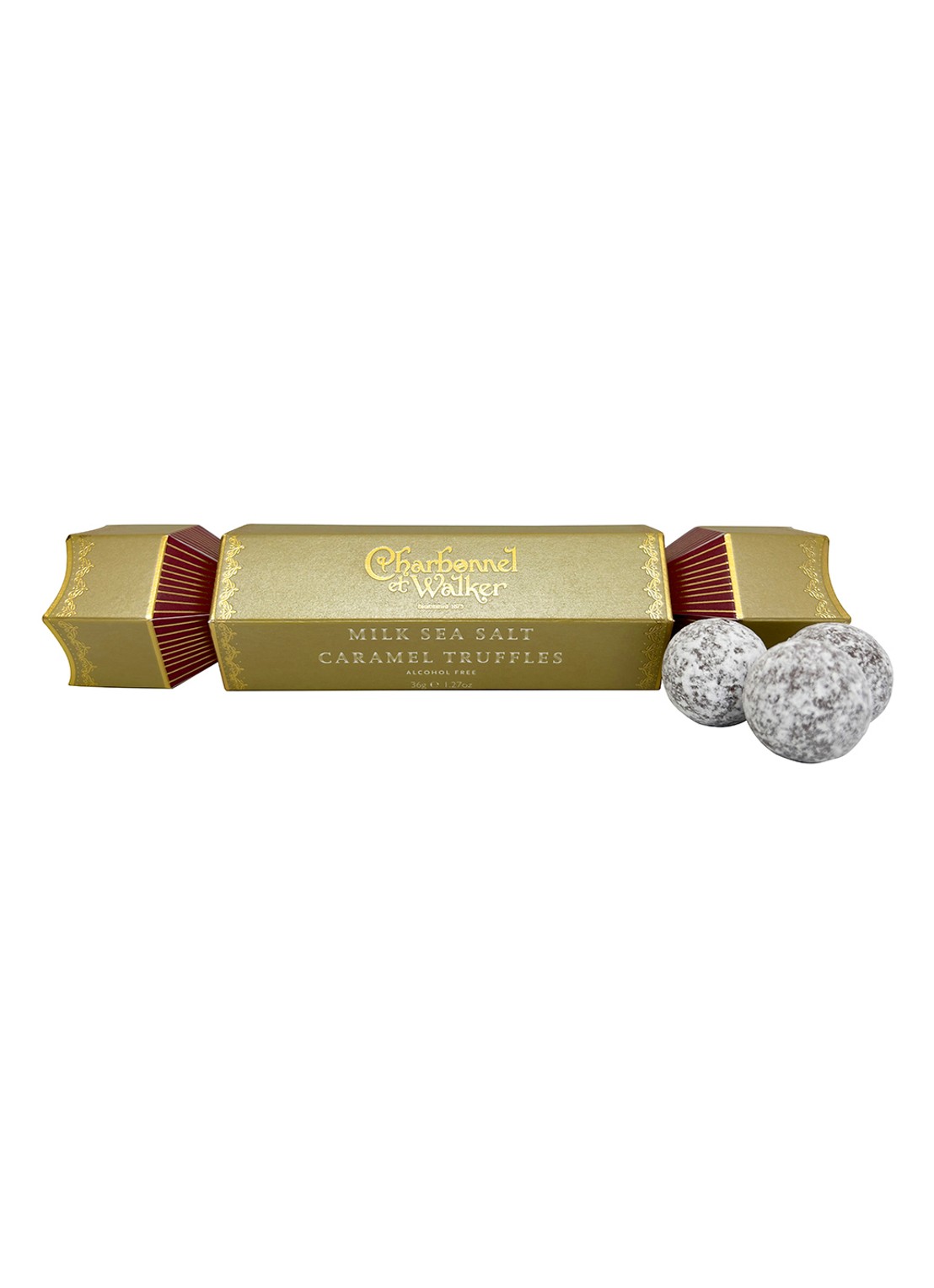 Charbonnel et Walker Cracker met melk salted caramel truffels 36 gram - voorkant beige