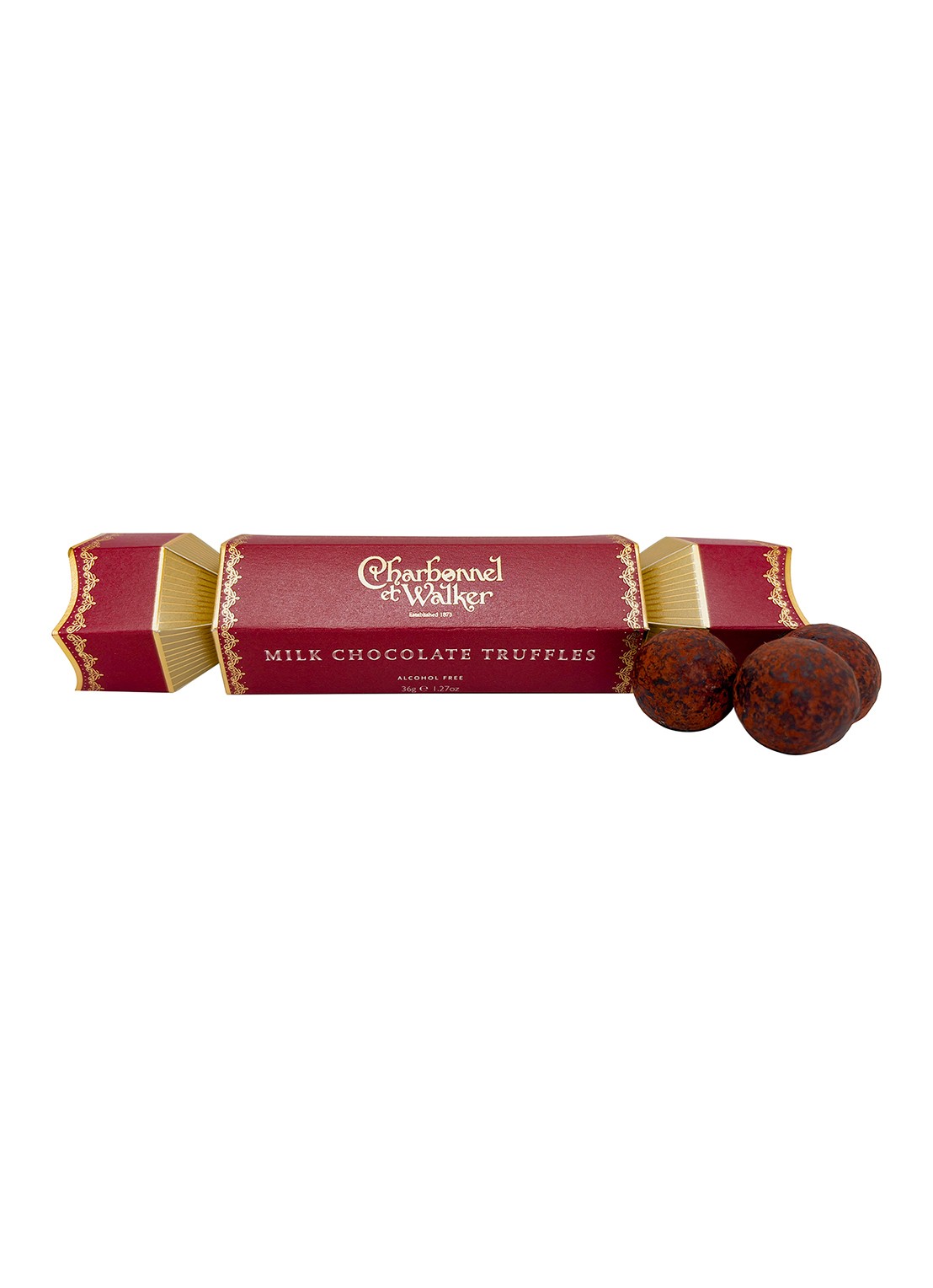 Charbonnel et Walker Cracker met melkchocolade truffels 36 gram - voorkant beige