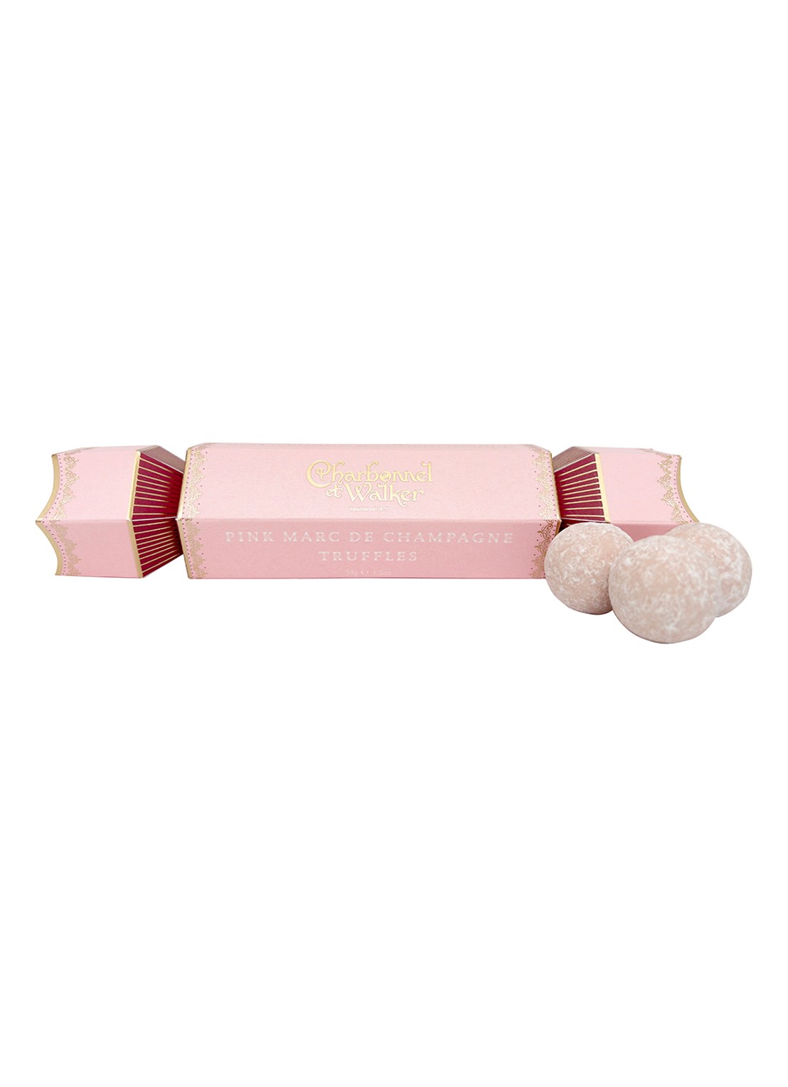 Charbonnel et Walker Pink Marc de Champagne cracker met truffels 34 gram - voorkant beige