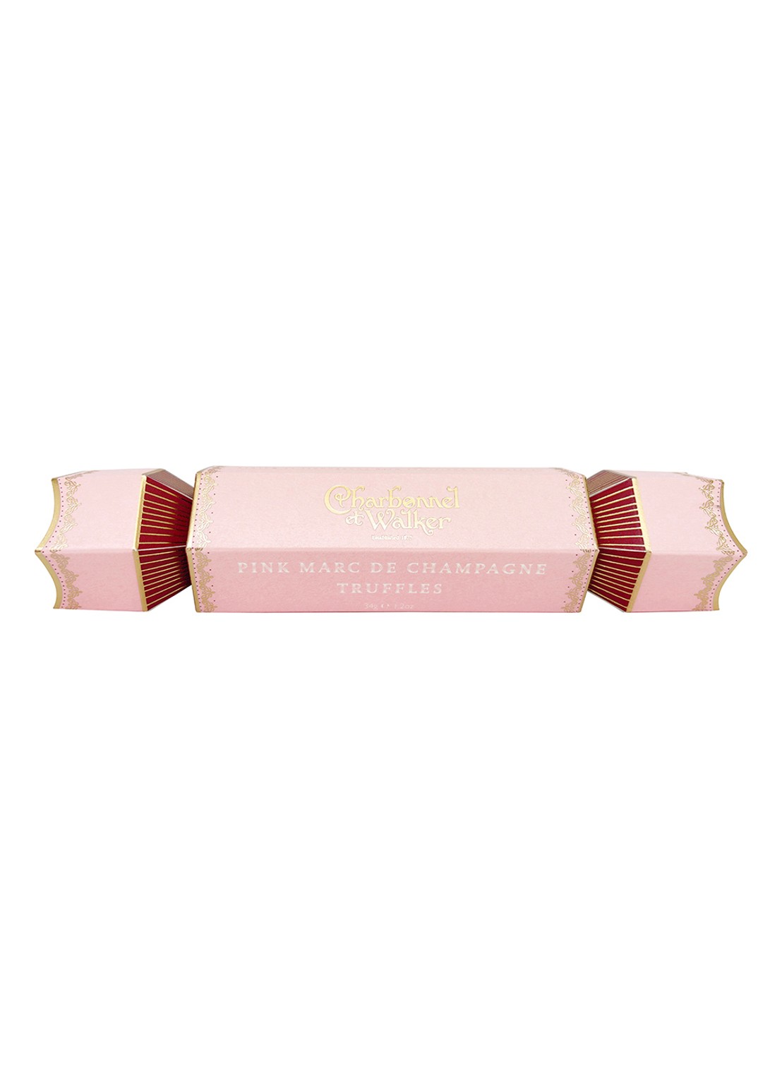 Charbonnel et Walker Pink Marc de Champagne cracker met truffels 34 gram - voorkant 2 beige