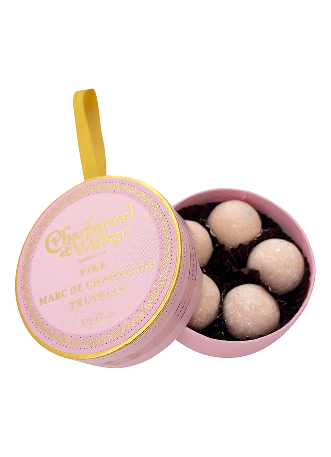 Charbonnel et Walker Pink Marc de Champagne truffels 57 gram 5 stuks - voorkant beige