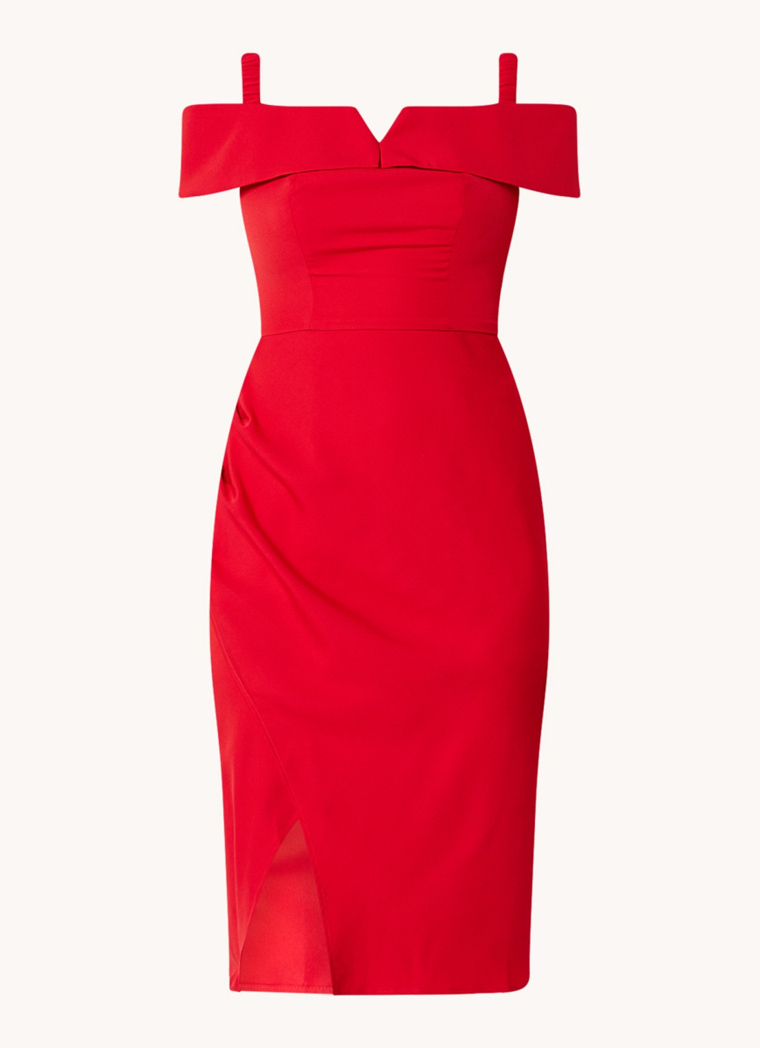 Chi Chi London Bardot off shoulder midi jurk met plooidetail en split - voorkant 2 rood