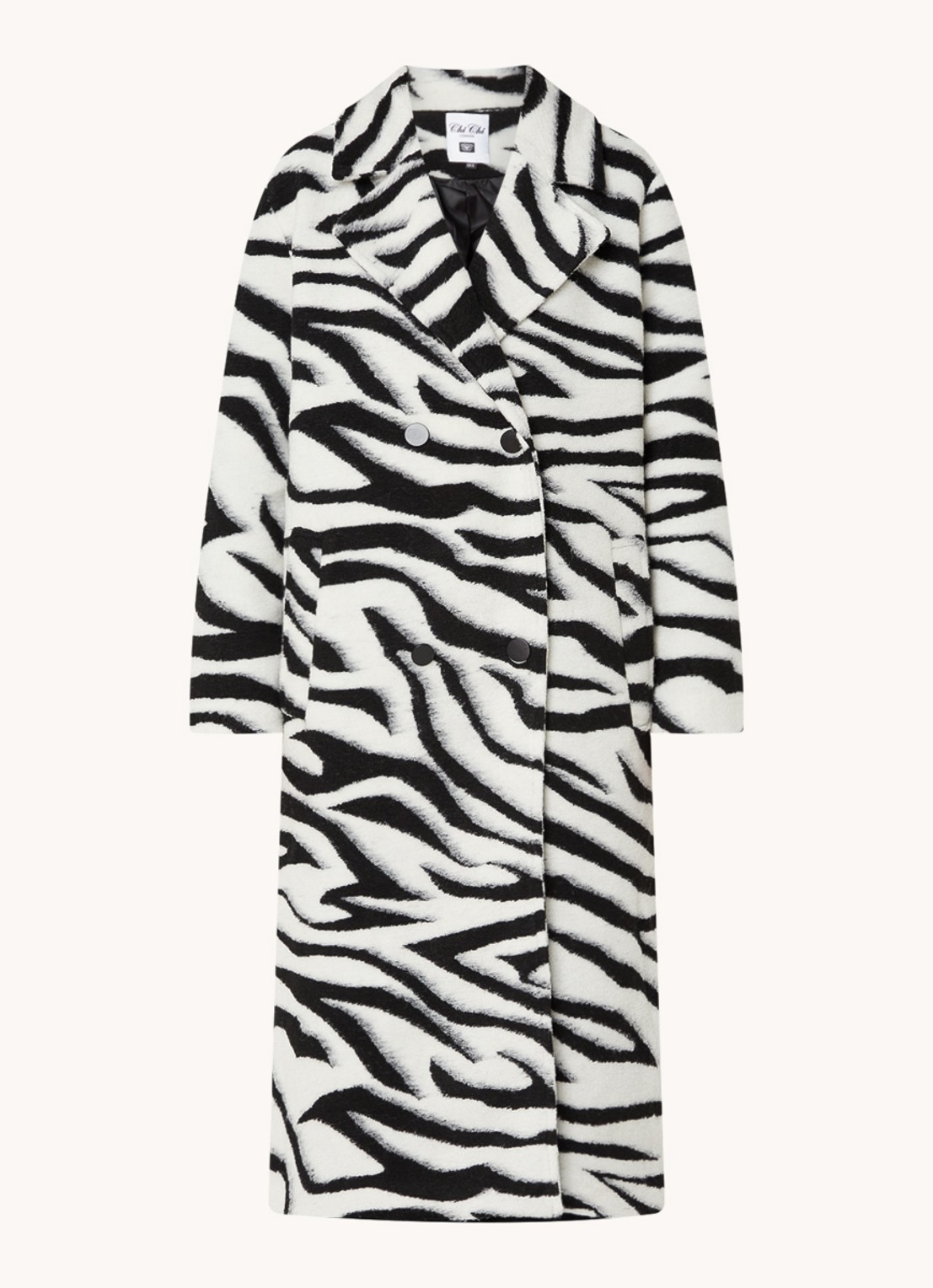 Chi Chi London Double-breasted mantel in wolblend met zebraprint - voorkant 2 zwart