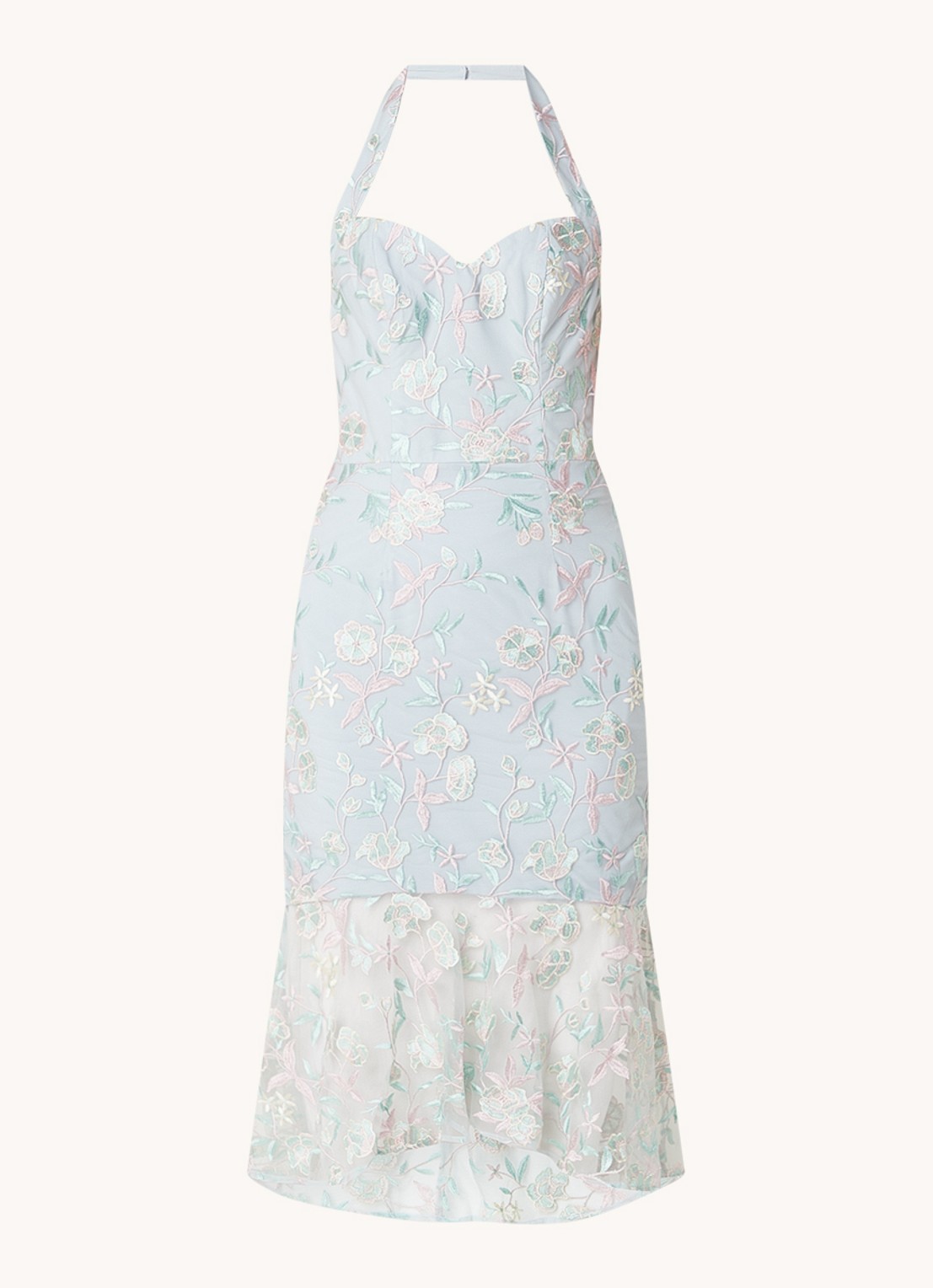 Chi Chi London Floral semi-transparante midi jurk met kant  - voorkant 3 lichtblauw
