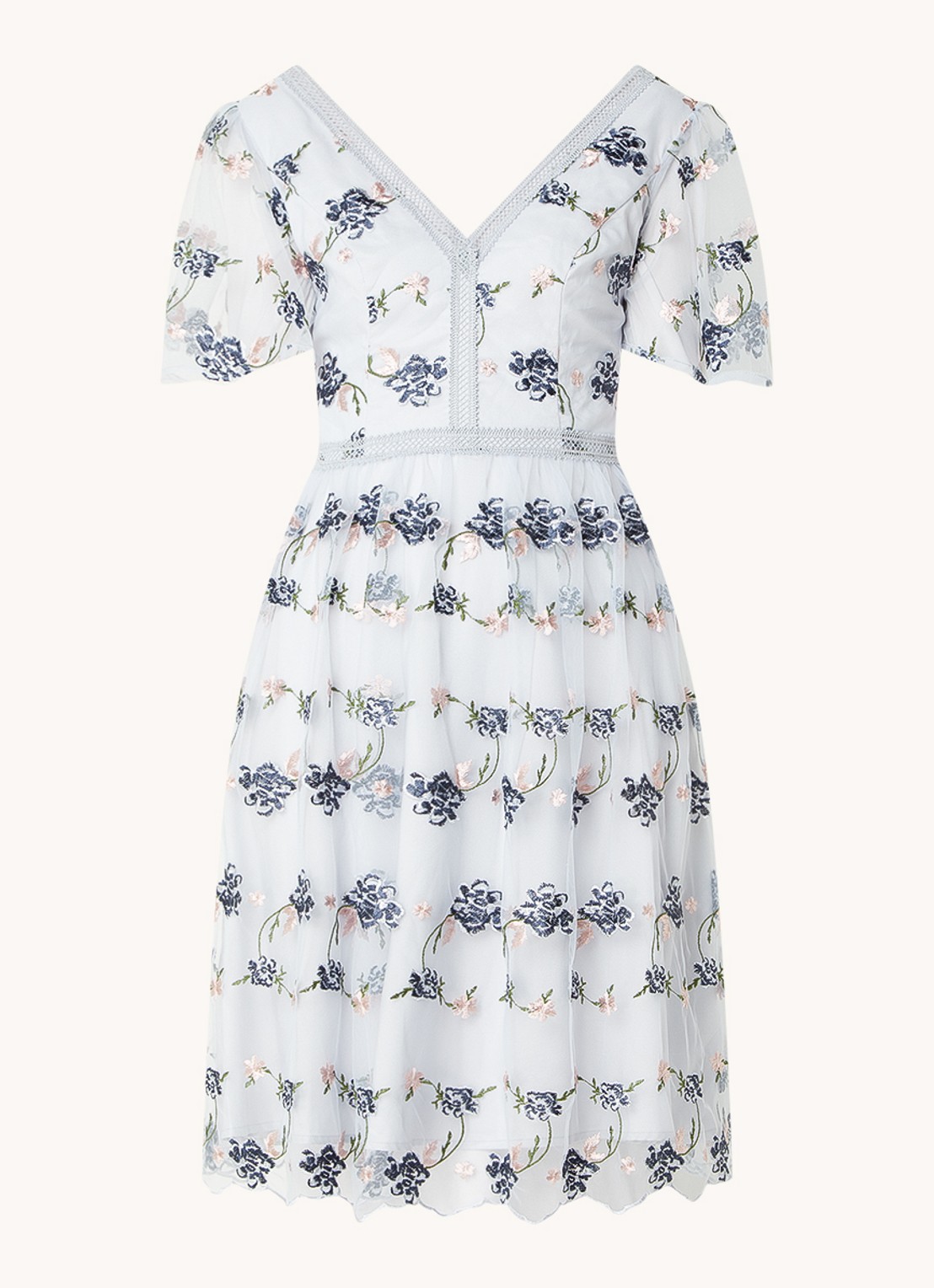 Chi Chi London Lace semi-transparante midi tuniekjurk van kant - voorkant 2 blauwgrijs