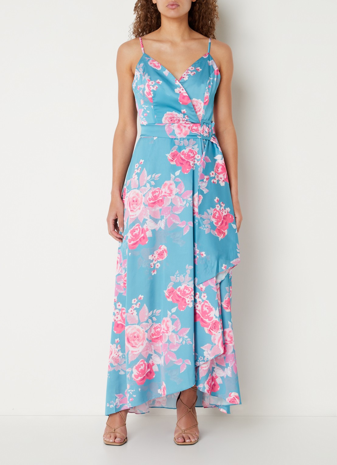 Chi Chi London Maxi jurk met bloemenprint en strikceintuur - detail turquoise