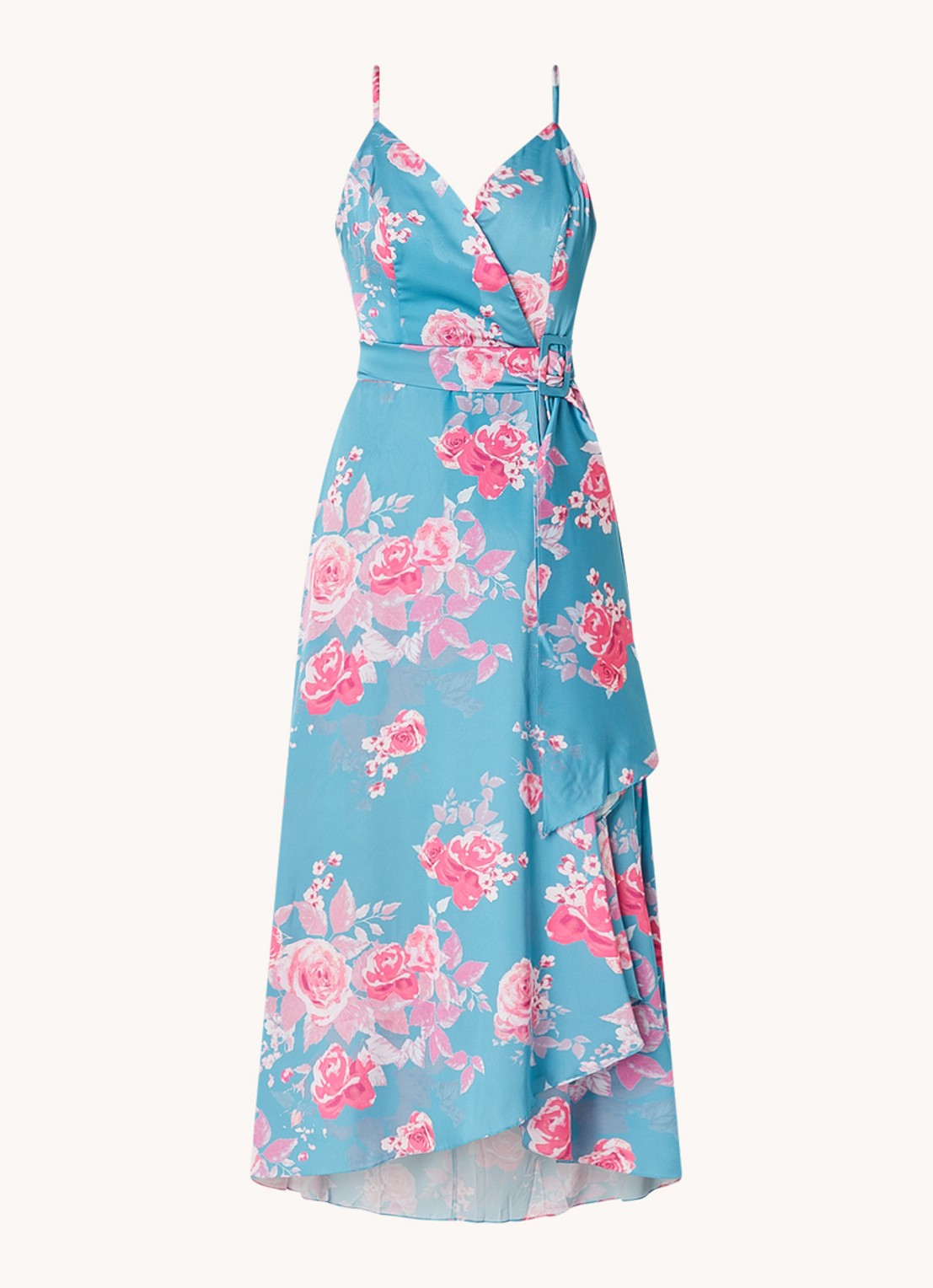 Chi Chi London Maxi jurk met bloemenprint en strikceintuur - voorkant 3 turquoise