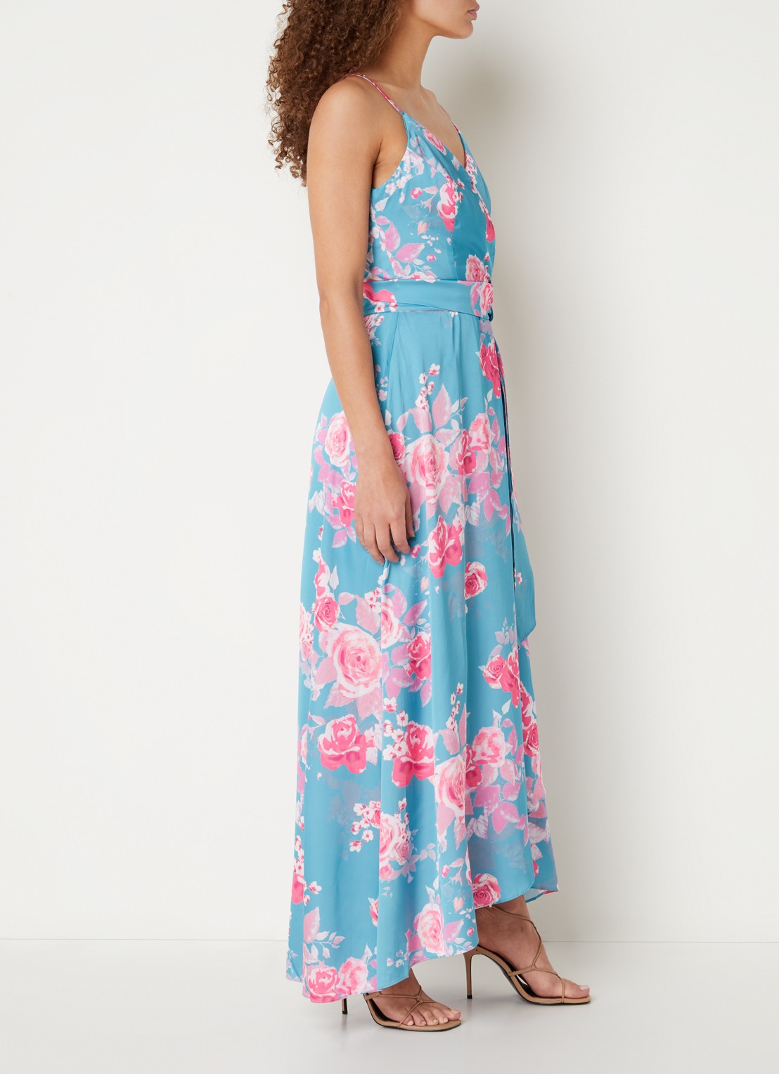Chi Chi London Maxi jurk met bloemenprint en strikceintuur - voorkant 4 turquoise