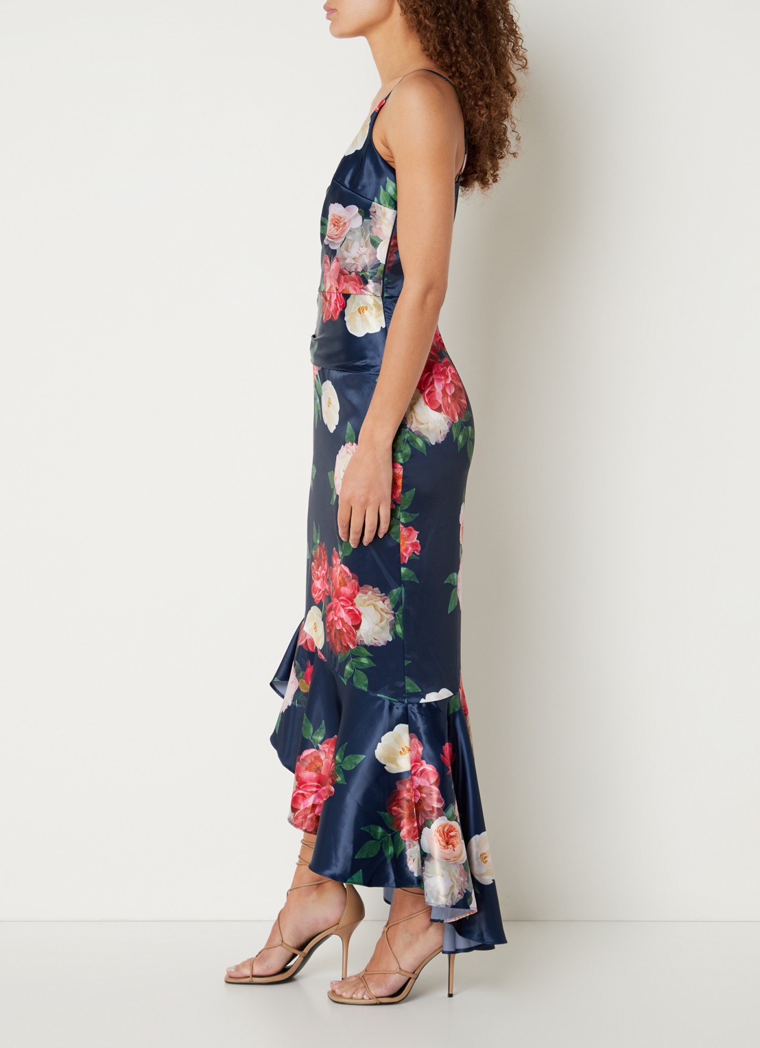 Chi Chi London Midi jurk van satijn met bloemeprint en plooidetail - voorkant 4 donkerblauw