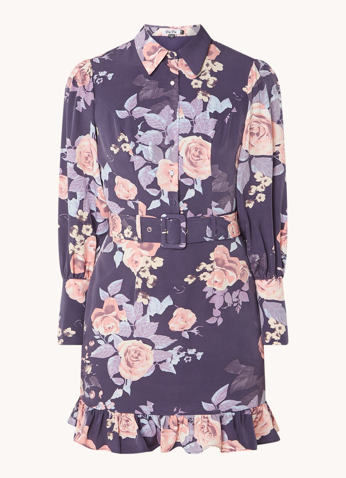 Chi Chi London Mini blousejurk met bloemenprint en ceintuur - voorkant 4 violet