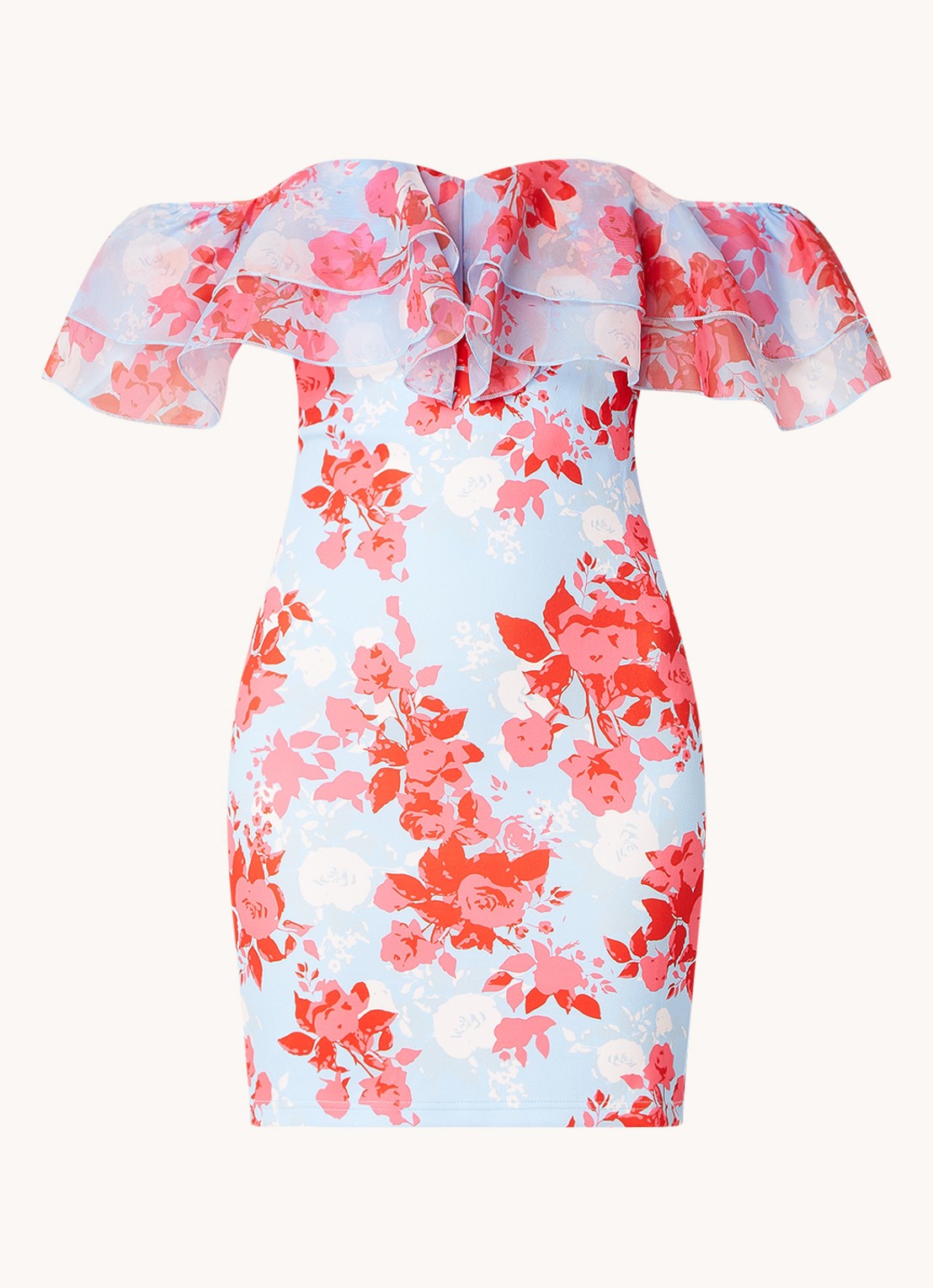 Chi Chi London Mini jurk met volant en bloemenprint - voorkant lichtblauw