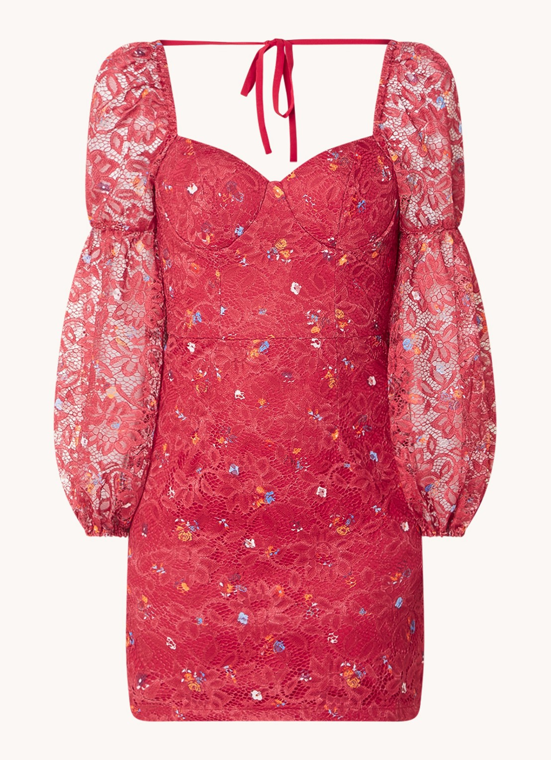 Chi Chi London Mini jurk van kant met ballonmouw en rugdecolleté - voorkant 4 rood