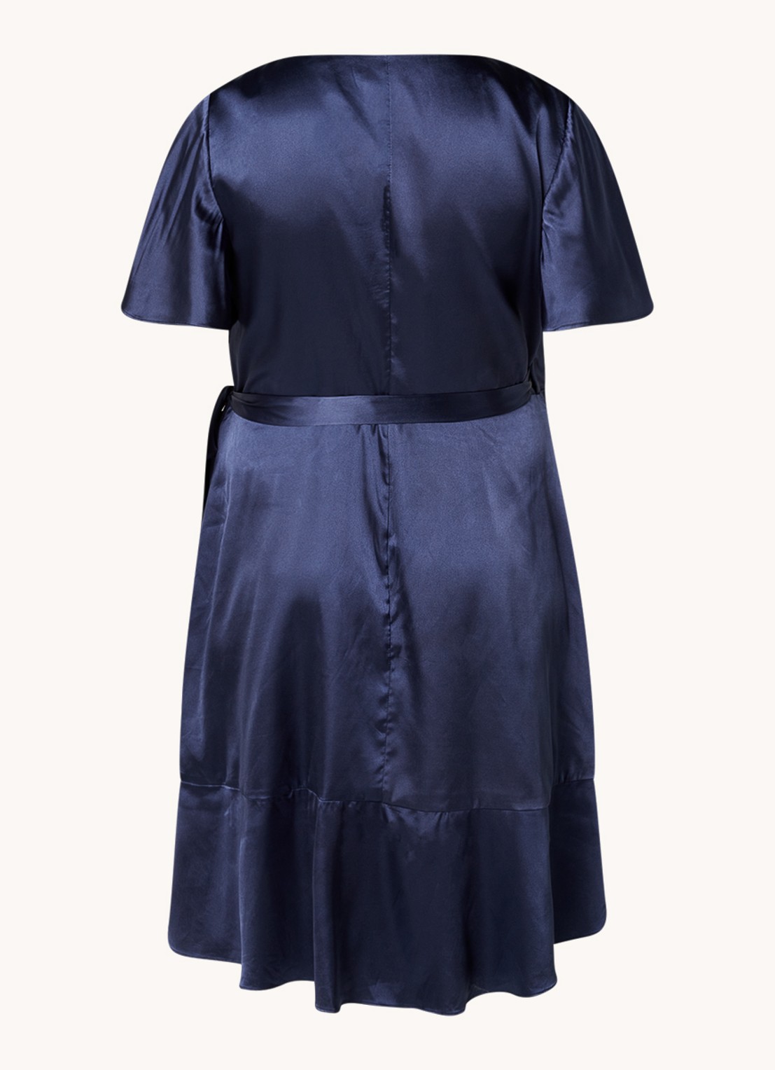 Chi Chi London Mini wikkeljurk van satijn met strikceintuur en volant - achterkant 3 donkerblauw