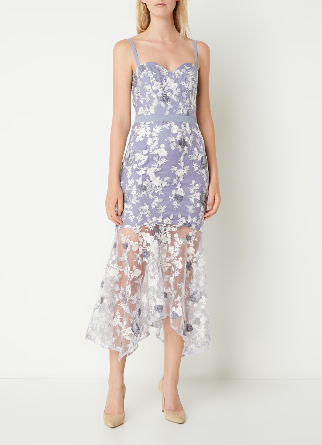 Chi Chi London Peplum semi-transparante midi jurk van kant - detail 2 lavendel