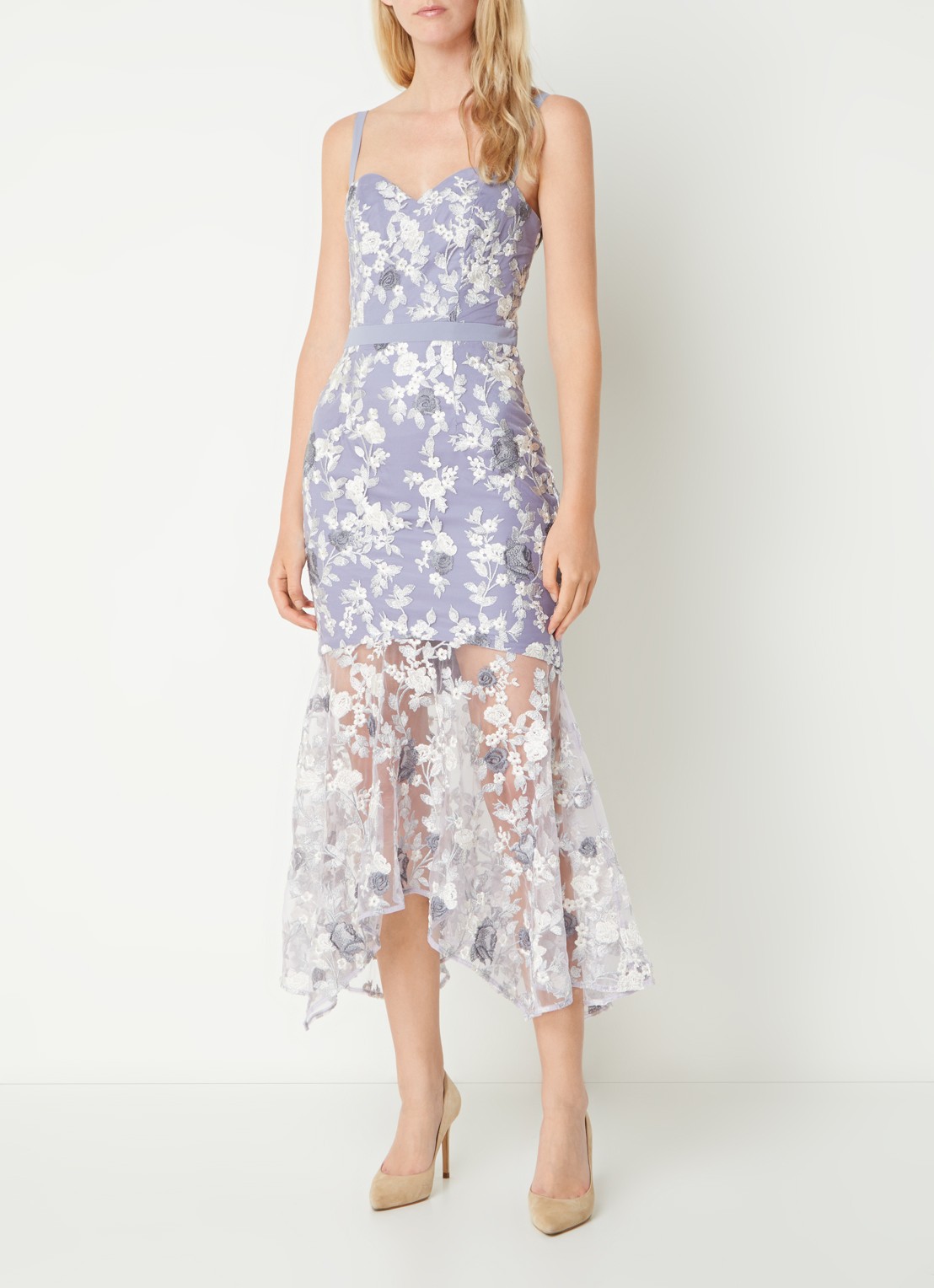Chi Chi London Peplum semi-transparante midi jurk van kant - voorkant 4 lavendel