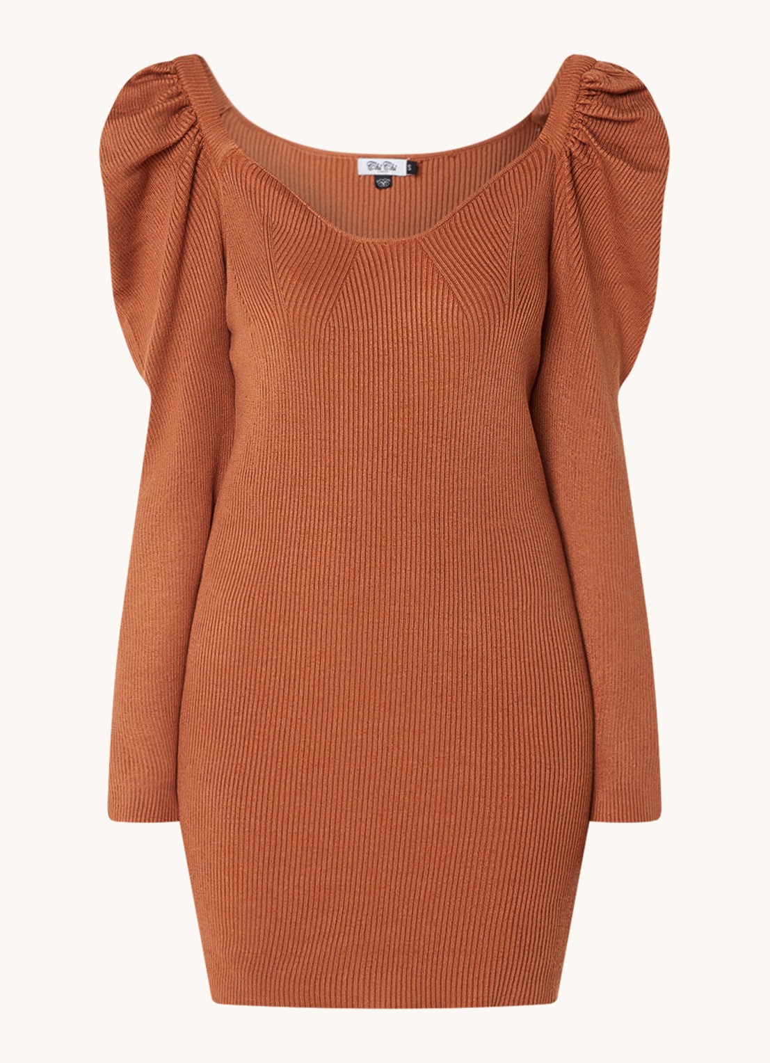 Chi Chi London  Ribgebreide mini jurk met pofmouw - voorkant 3 roestbruin