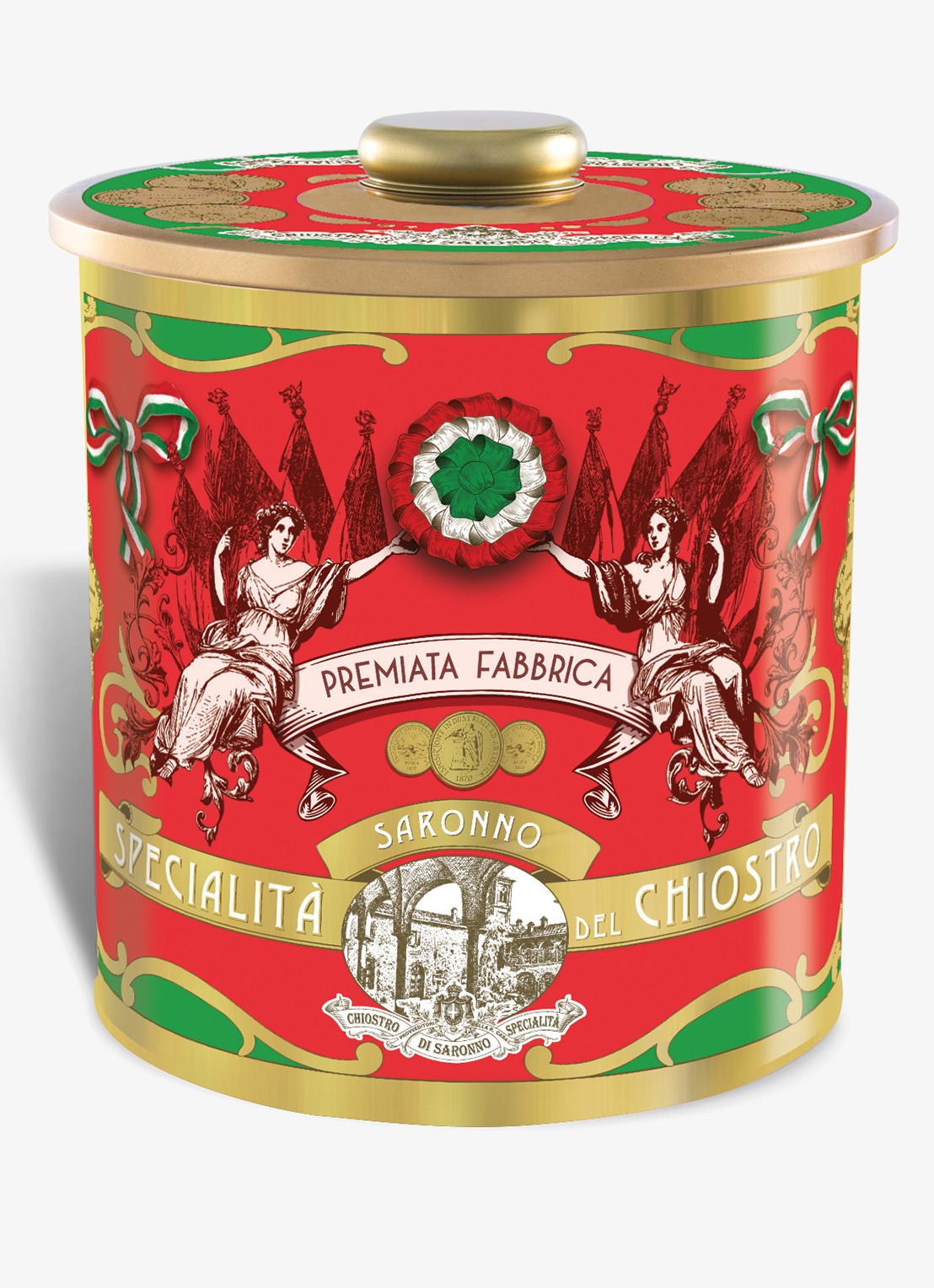 Chiostro di Saronno Amaretti, Cantuccini en Baci Del Chiostro koekjes in blik 200 gram - voorkant beige