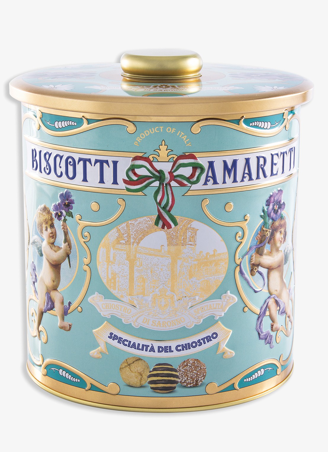 Chiostro di Saronno Biscottiera Amaretti koekjes in blik 150 gram - voorkant beige