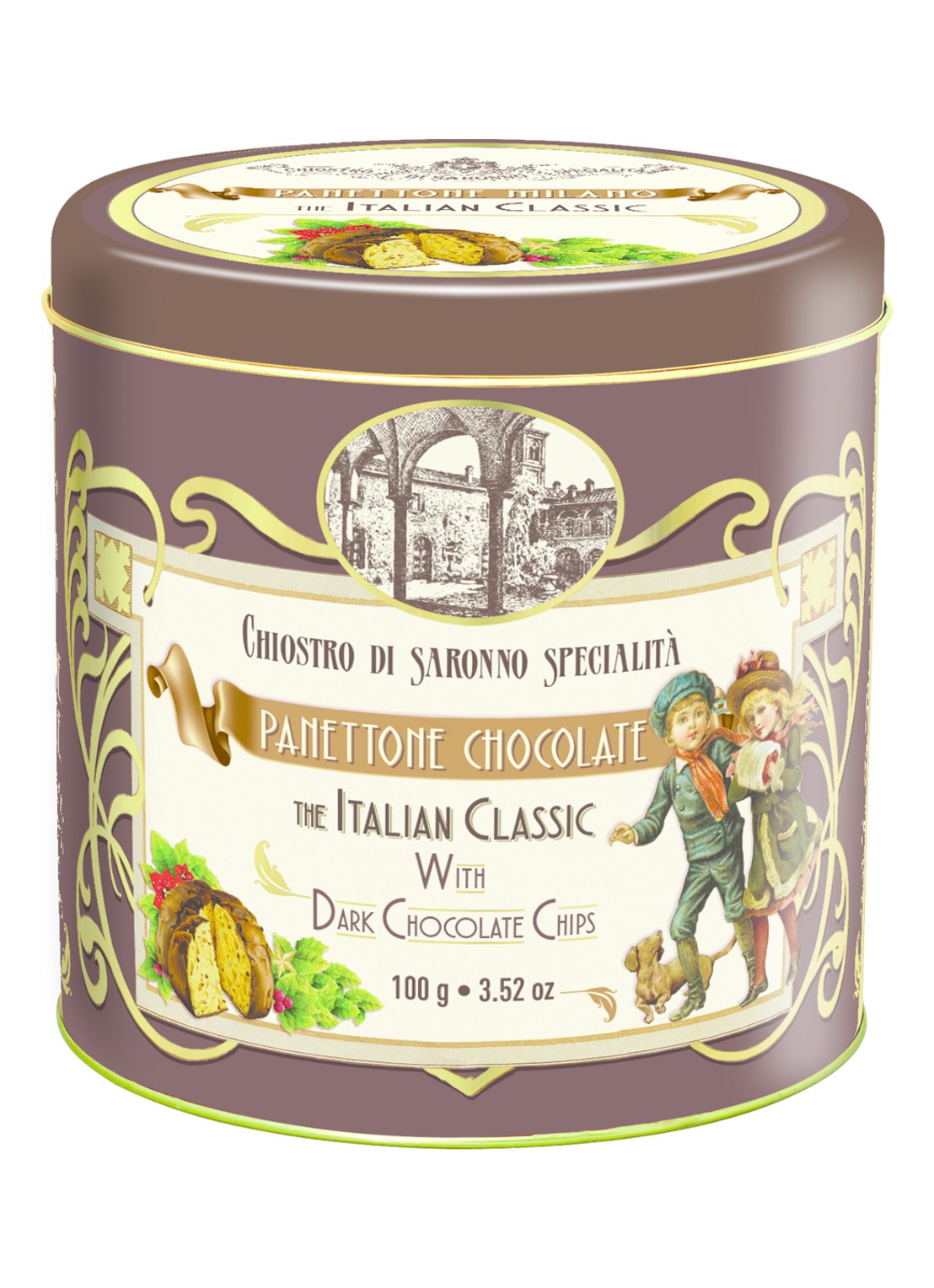 Chiostro di Saronno Cioccolato panettone in blik 100 gram - voorkant beige