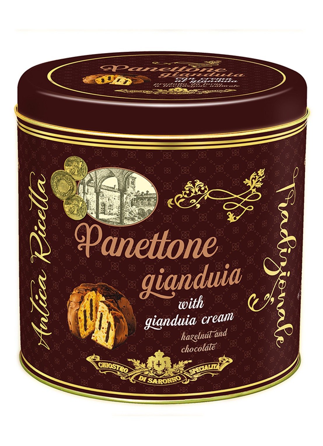 Chiostro di Saronno Panettone met gianduia-crème 750 gram - voorkant beige