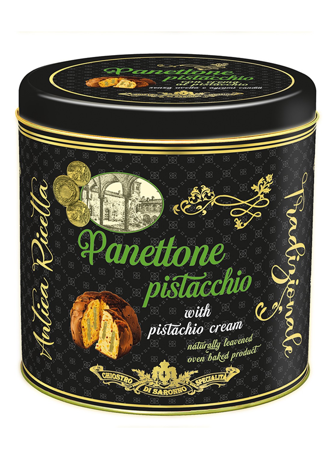 Chiostro di Saronno Panettone met pistache crème 750 gram - voorkant beige