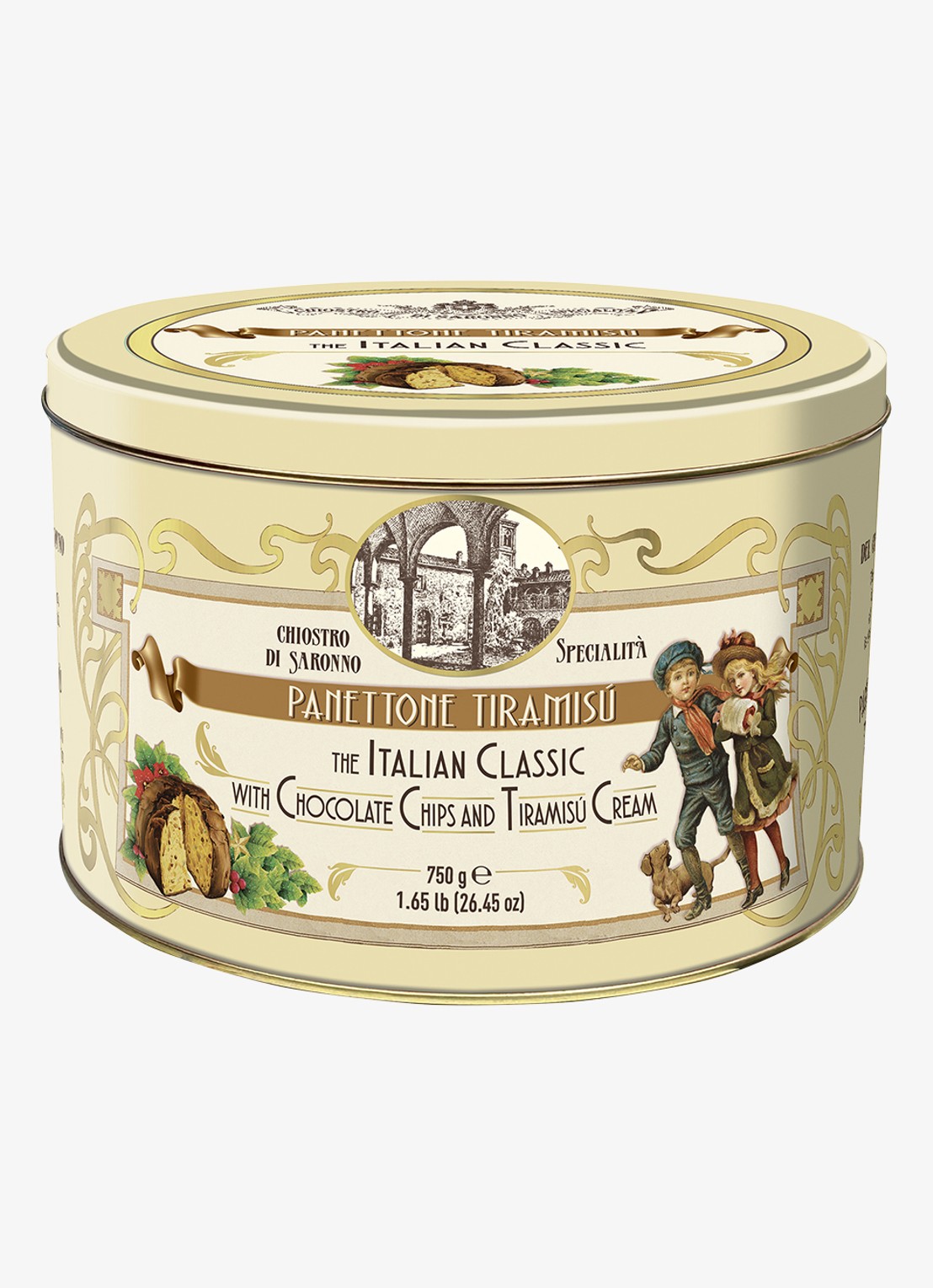 Chiostro di Saronno Panettone Tiramisù in blik 750 gram - voorkant beige