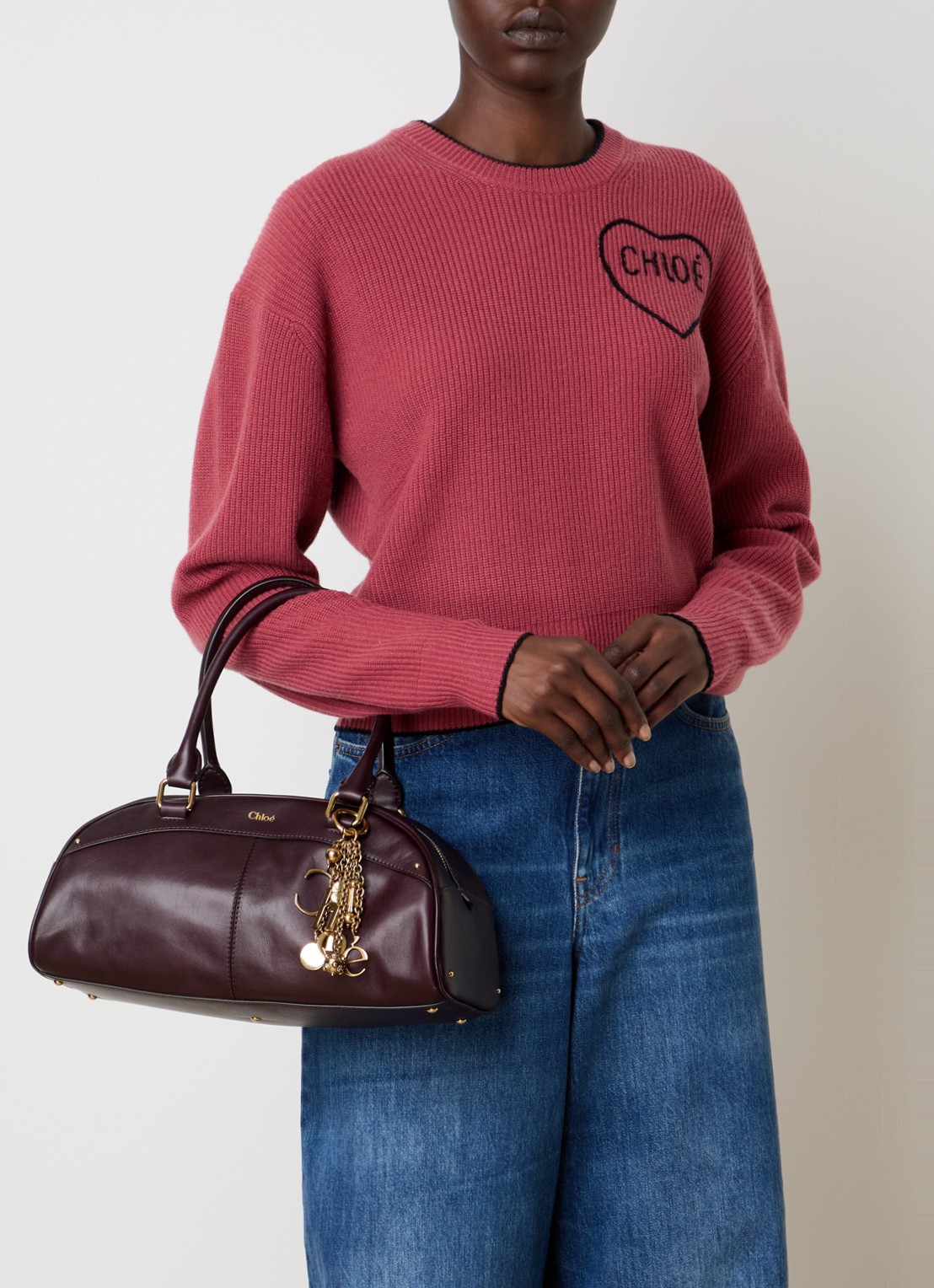 Chloé Bowling handtas van van kalfsleer met kettingdetail - voorkant 7 aubergine