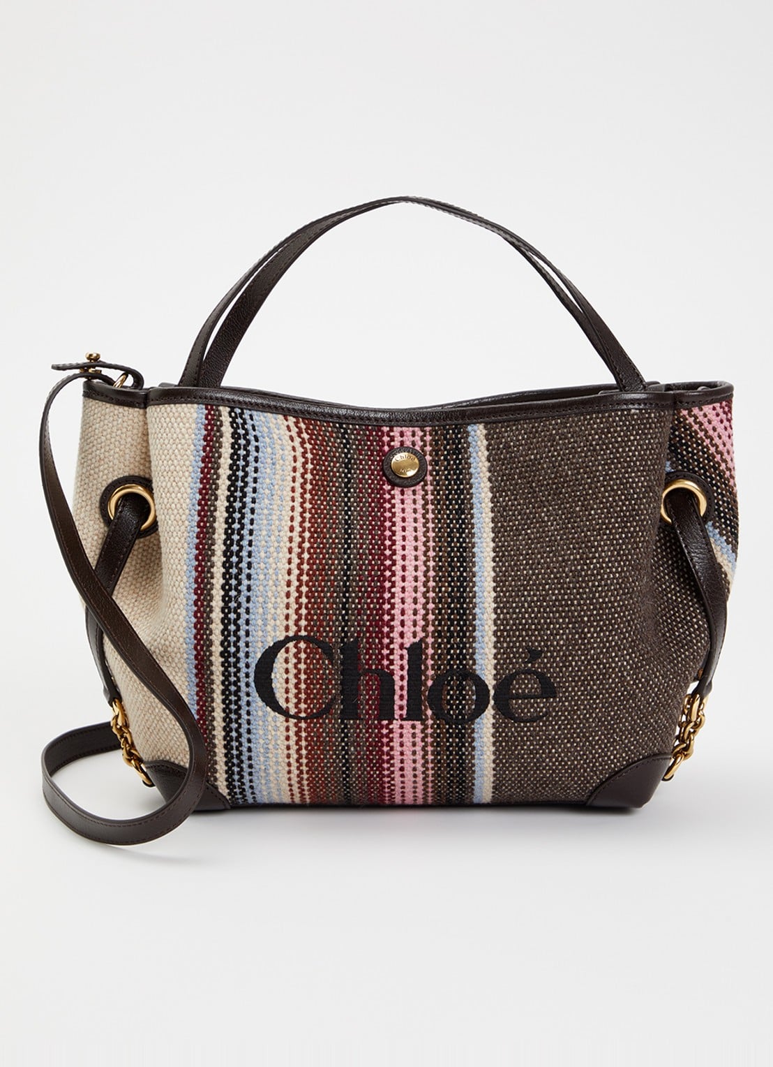 Chloé Clover handtas van canvas met kalfsleren details en streepprint - voorkant bruin