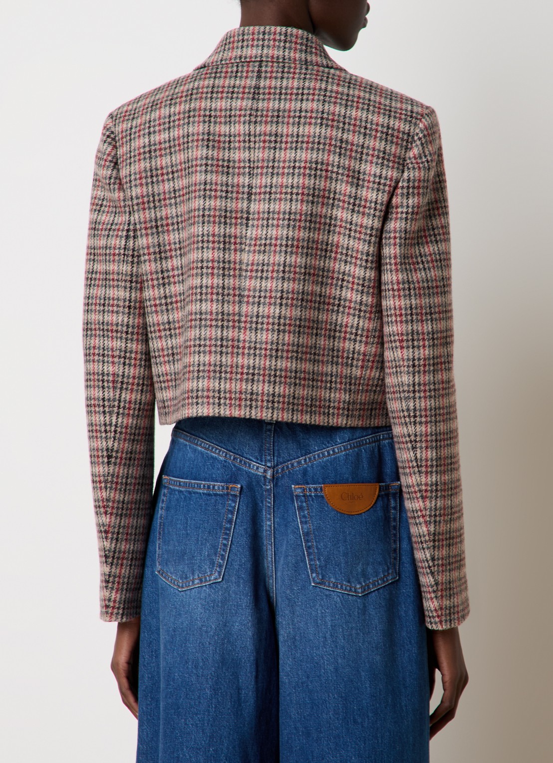 Chloé Cropped blazer van wol met ruitdessin - achterkant 3 donkerbeige