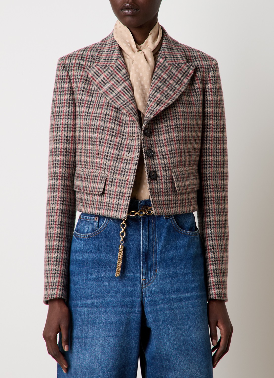 Chloé Cropped blazer van wol met ruitdessin - detail 4 donkerbeige