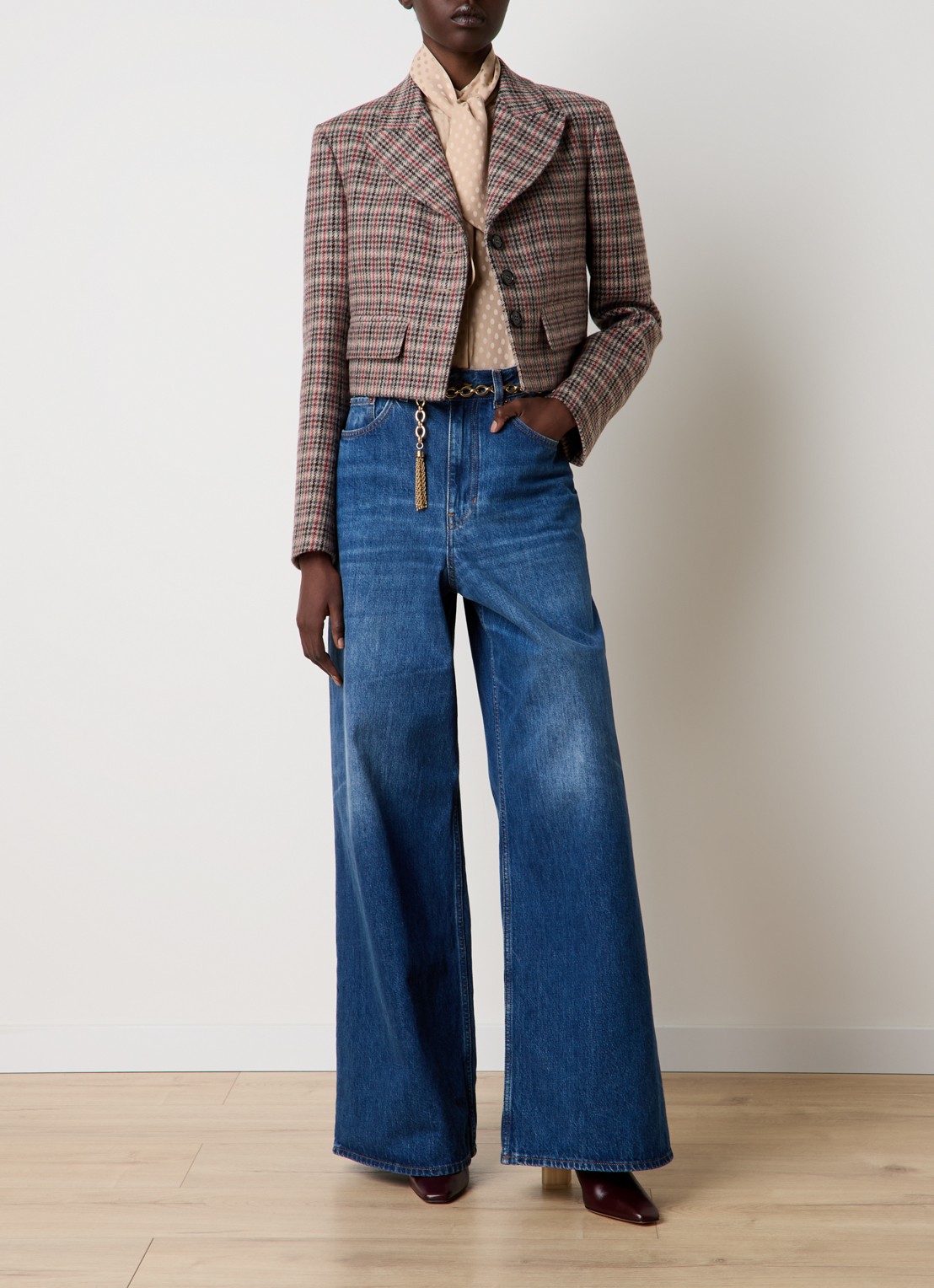 Chloé Cropped blazer van wol met ruitdessin - voorkant 2 donkerbeige