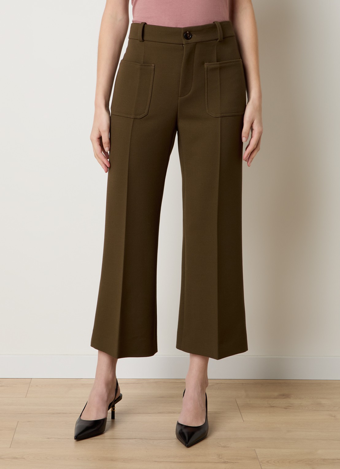 Chloé High waist flared fit cropped pantalon van wol - detail donkerbruin