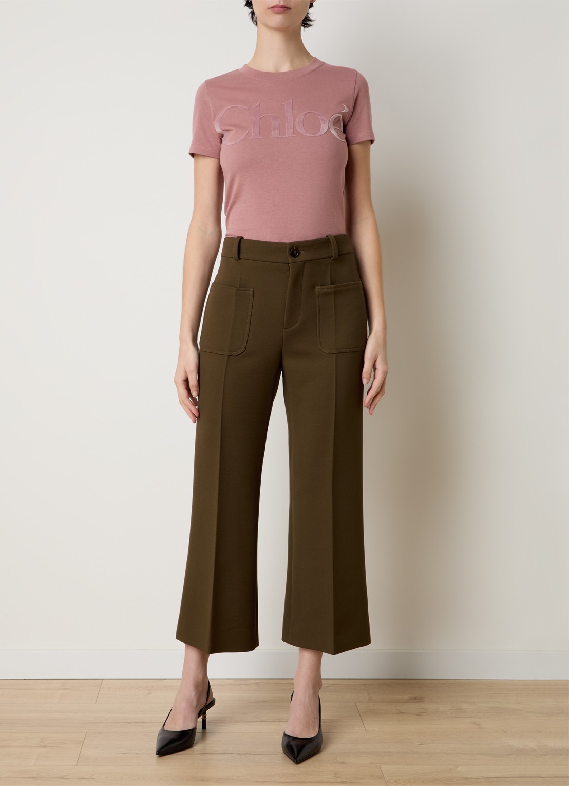 Chloé High waist flared fit cropped pantalon van wol - voorkant 4 donkerbruin