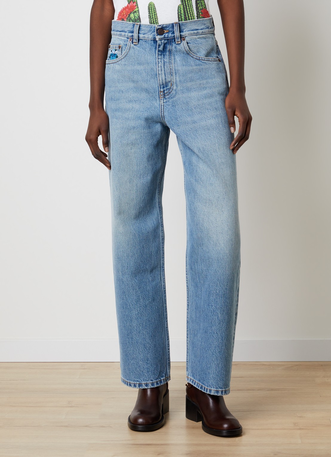 Chloé High waist straight leg jeans met lichte wassing - detail indigo