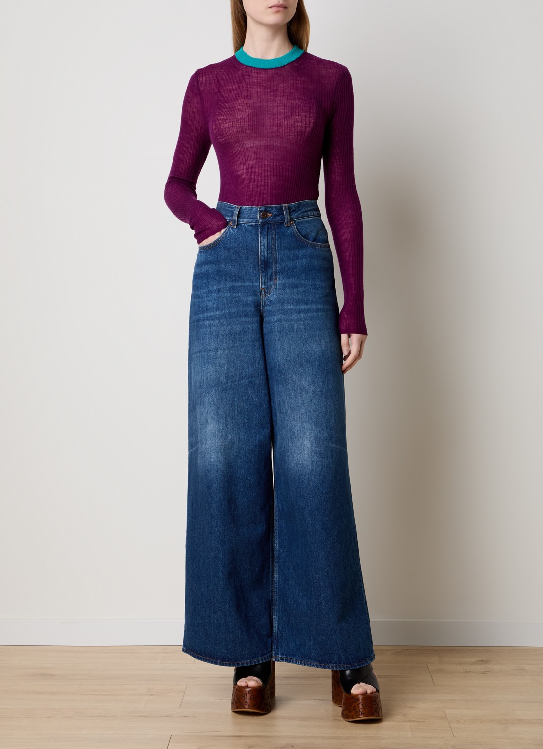 Chloé High waist wide leg jeans met medium wassing - voorkant 5 indigo