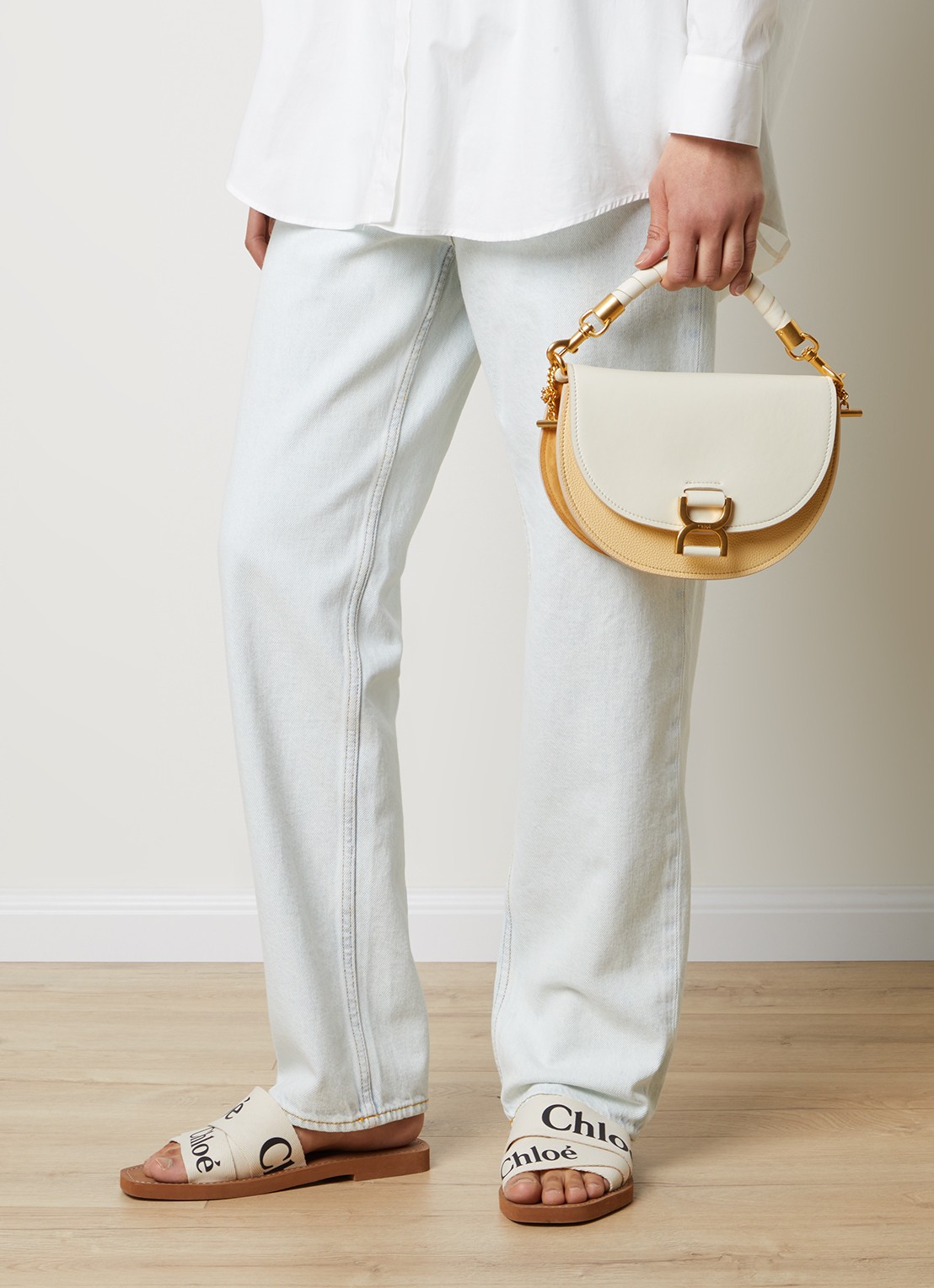 Chloé Marcie crossbodytas van kalfsleer met suède details - voorkant 6 gebroken wit