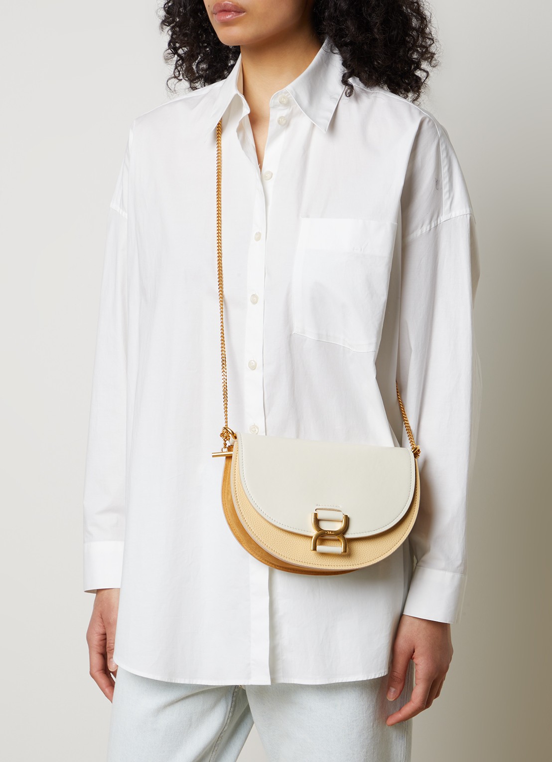 Chloé Marcie crossbodytas van kalfsleer met suède details - voorkant 7 gebroken wit