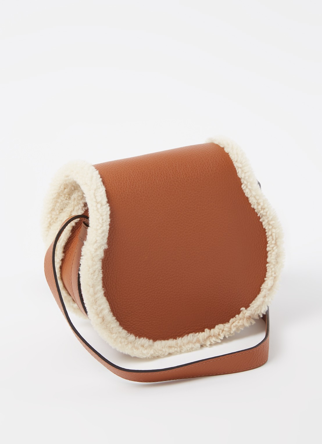 Chloé Marcie Mini crossbodytas van kalfsleer met schapenvacht - achterkant 6 cognac