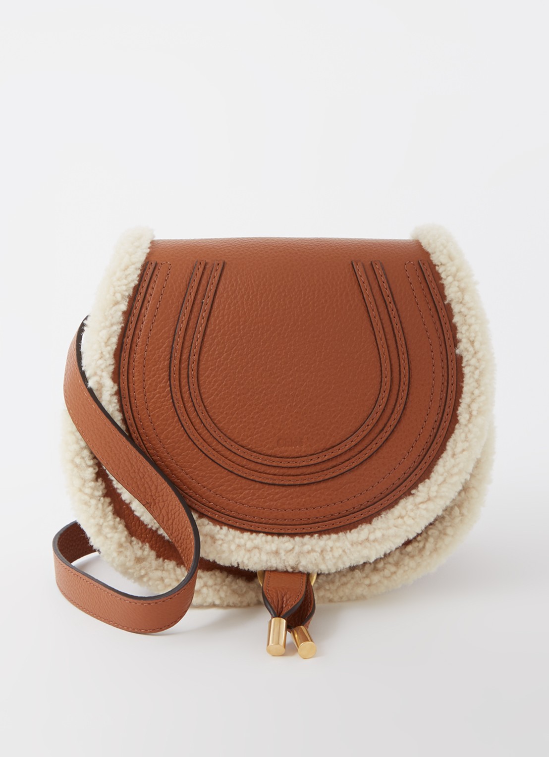 Chloé Marcie Mini crossbodytas van kalfsleer met schapenvacht - voorkant cognac