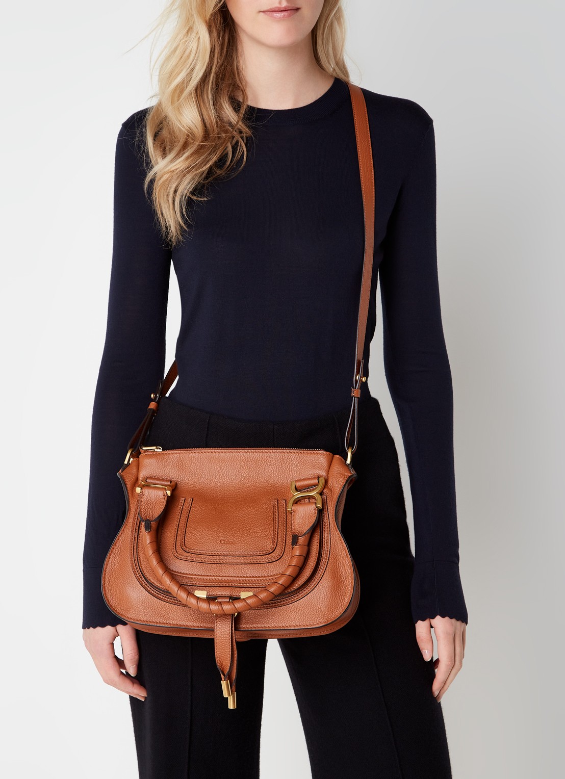 Chloé Marcie Small handtas van kalfsleer - voorkant 3 cognac