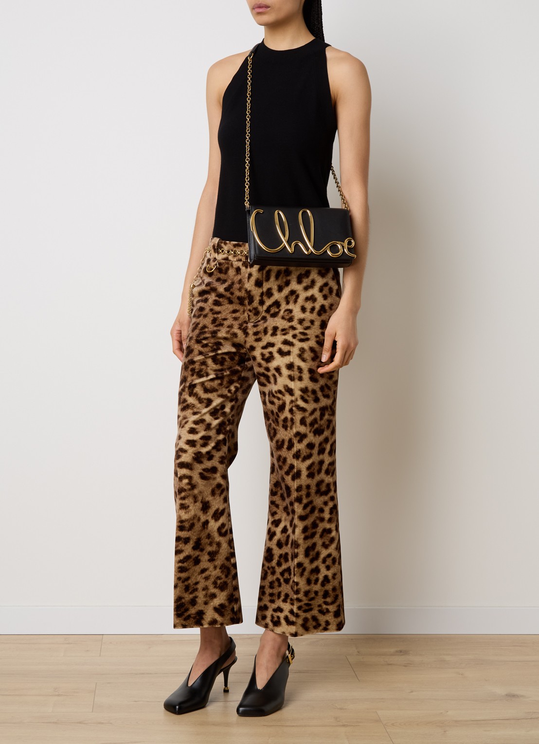 Chloé PA31 high waist flared fit cropped pantalon met panterprint  - voorkant 4 beige
