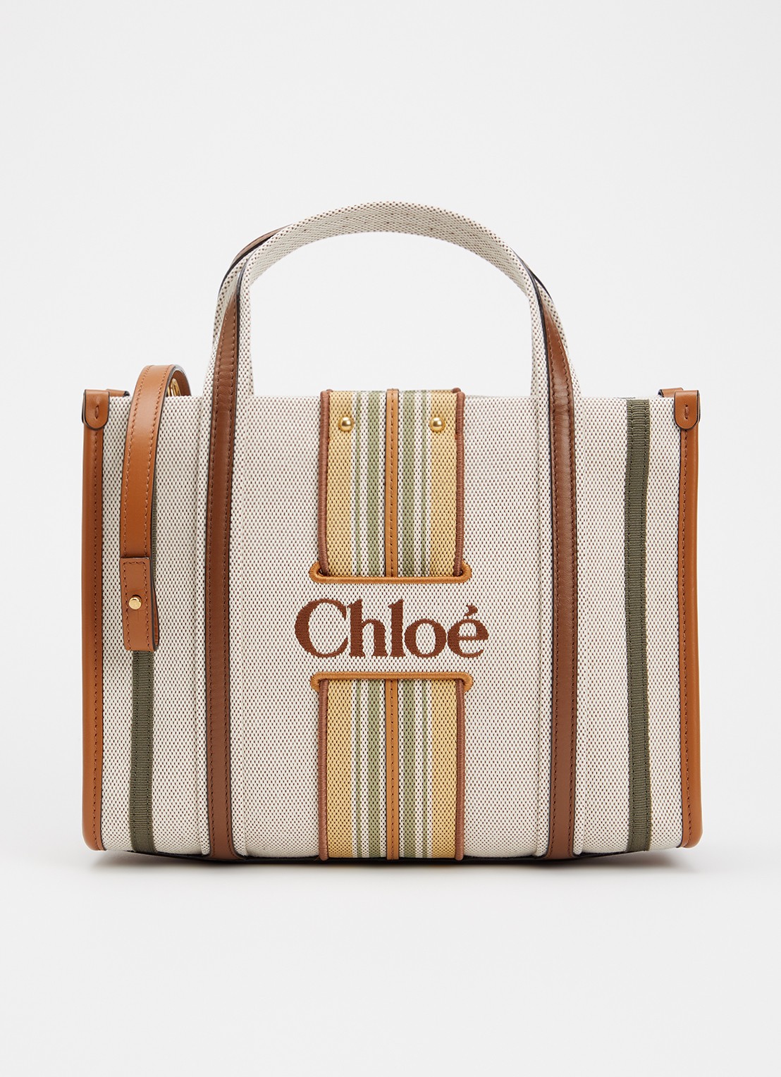 Chloé Small Woody Loop handtas van canvas met kalfsleren details en afneembare schouderriem - voorkant beige
