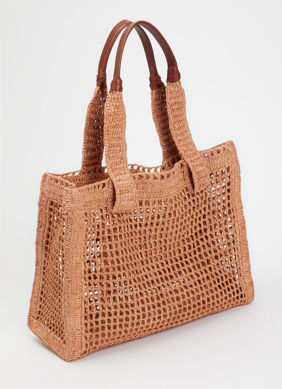 Chloé Summer Banana shopper van raffia met leren details - achterkant camel