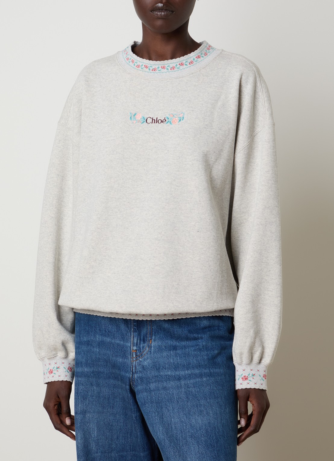 Chloé Sweater met logoborduring en ingebreid patroon - detail grijs