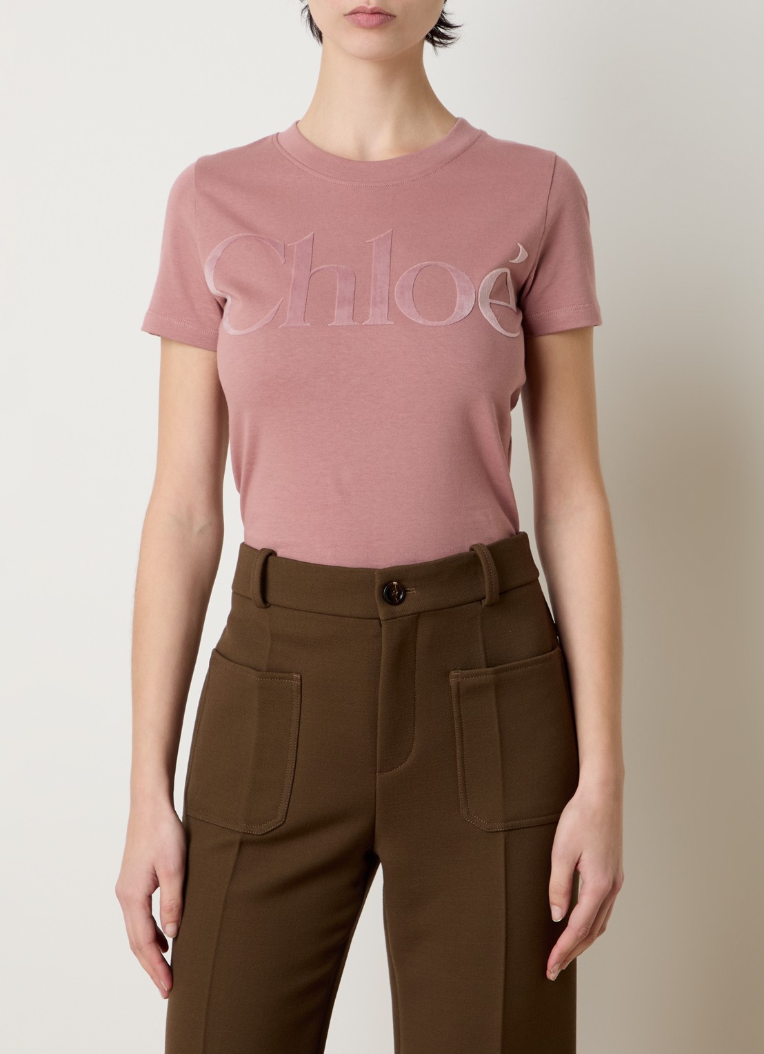 Chloé T-shirt met flock logoprint - detail koraalroze