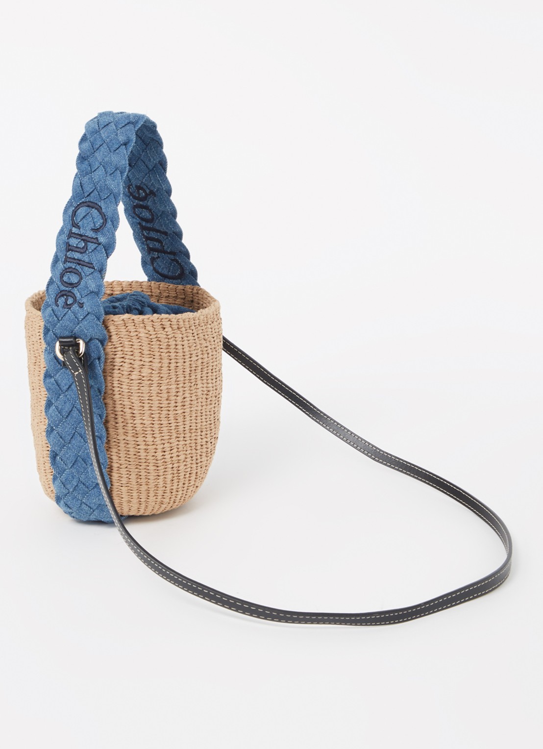 Chloé Woody bucket handtas van raffia met denim details  - achterkant camel